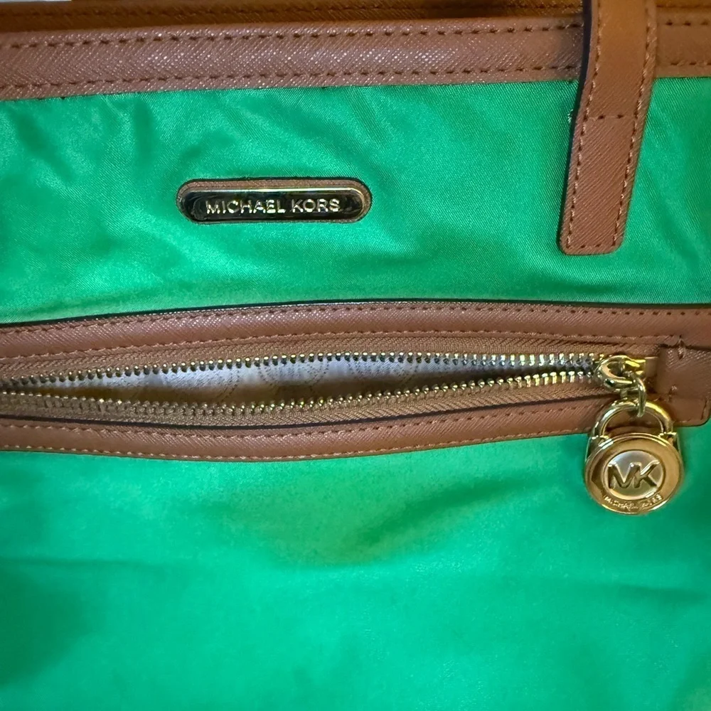 Michael Kors Emerald Green Tote with Brown Accents